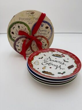 Season's Eatings Holiday Porcelain Dessert Plate Set 4 Boston Warehouse